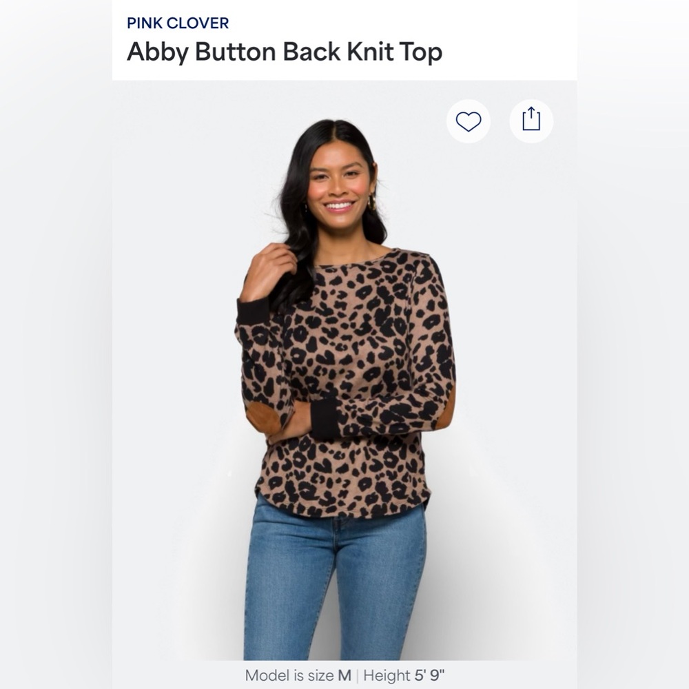 Women’s Pink Clover Leopard Print Knit Top with back button detail. Size small.
